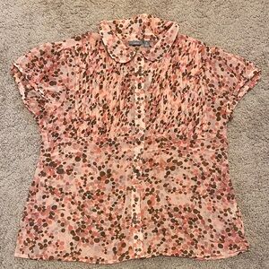 Slightly Sheer Pleated Polka Dot Print Pink Button-Up Blouse